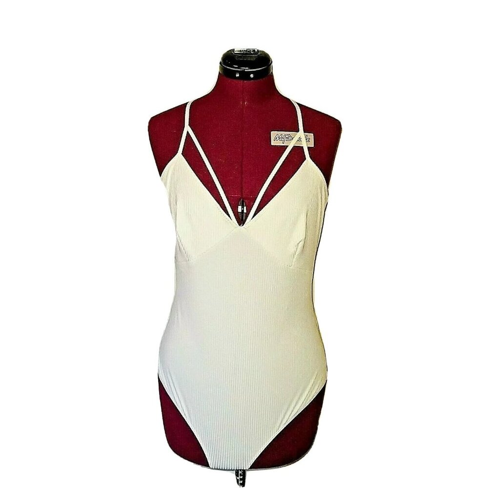 Material Girl White Bodysuit XL Ribbed Caged Adjustable Straps Stretch